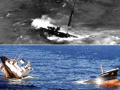 Diez años separan estas dos imágenes. Arriba, el <i>Mar Egeo</i>, se hunde frente al puerto de A Coruña después de arder durante 24 horas. Abajo, el hundimiento del <i>Prestige</i> frente a las costas gallegas.