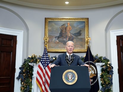 US President Joe Biden urges Congress to pass his national security supplemental request, including funding to support Ukraine, at the White House in Washington, DC, December 06 2023.