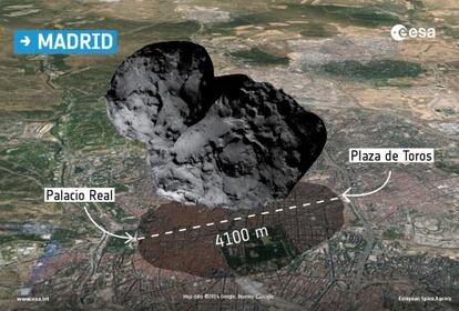Fotograf&iacute;a del cometa 67P/Churyamov-Gerasimenko sobre el mapa de Madrid comparando los tama&ntilde;os.