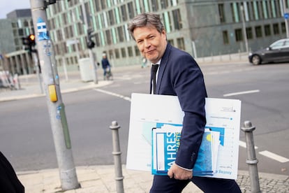 German Economy and Climate Minister Robert Habeck walks outside after presenting the Annual Economic Report 2024 in Berlin, Germany, February 21, 2024.