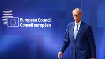 El canciller alemán, Friedich Merz, llegando al Consejo Europeo este jueves.