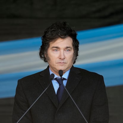 Argentina's President Javier Milei attends a ceremony to honor police who lost their lives on duty in Buenos Aires, Argentina, Tuesday, July 2, 2024. (AP Photo/Natacha Pisarenko)