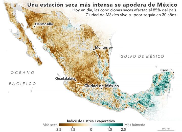 Un mapa elaborado por la NASA muestra los niveles de sequía que está sufriendo México en mayo de 2021.