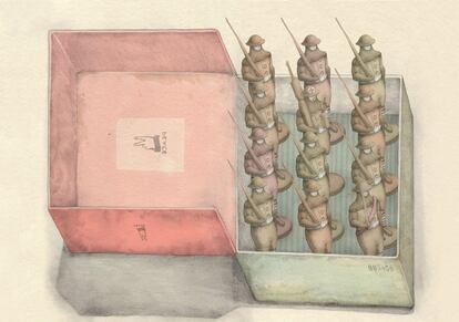 En su técnica, Tsou (Taiwán, 1978) se aprecian las influencias del cómic japonés, el arte urbano y la pintura tradicional oriental, señalan los organizadores de la exposición. Este dibujo corresponde a la serie 'El soldado de plomo'.