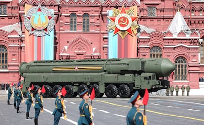 A Russian Yars intercontinental ballistic missile system during the annual Victory Day military parade in Red Square, May 9, 2023.