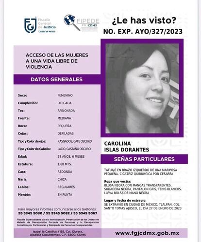 Ficha de búesqueda de la joven Carolina Islas.