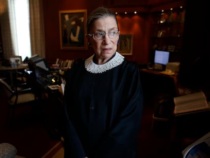 Associate Justice Ruth Bader Ginsburg poses for a photo in her chambers at the Supreme Court in Washington, Wednesday, July 24, 2013, before an interview with the Associated Press. Ginsburg said during the interview that it was easy to foresee that Southern states would push ahead with tougher voter identification laws and other measures once the Supreme Court freed them from strict federal oversight of their elections. (AP Photo/Charles Dharapak)