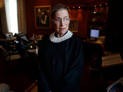 Associate Justice Ruth Bader Ginsburg poses for a photo in her chambers at the Supreme Court in Washington, Wednesday, July 24, 2013, before an interview with the Associated Press. Ginsburg said during the interview that it was easy to foresee that Southern states would push ahead with tougher voter identification laws and other measures once the Supreme Court freed them from strict federal oversight of their elections.  (AP Photo/Charles Dharapak)