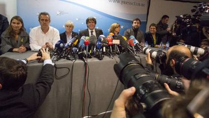 Former Catalan premier Carles Puigdemont and ex-members of the Catalan cabinet in Brussels on Tuesday.