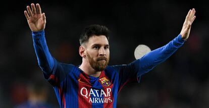 Messi celebra el gol contra l'Espanyol.