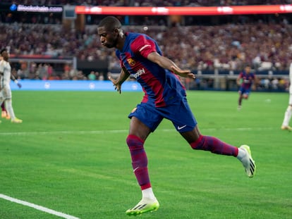Ousmane Dembélé celebrando su último gol con el FC Barcelona en un amistoso contra el Real Madrid