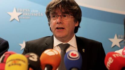 El expresidente de la Generalitat Carles Puigdemont durante una rueda de prensa este jueves en Bruselas.