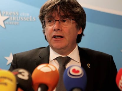 El expresidente de la Generalitat Carles Puigdemont durante una rueda de prensa este jueves en Bruselas.