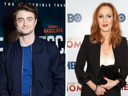 Desde la izquierda: Daniel Radcliffe, J. K. Rowling y Rupert Grint.