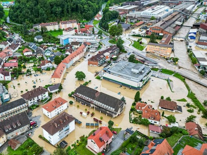 A flooded area is seen in Ravne na Koroskem, some 60 km (38 miles) northeast of Ljubljana, Slovenia, Friday, Aug. 4, 2023.