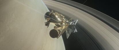 A Cassini recebeu um grande aumento na velocidade de aproximadamente 860,5 metros por segundo em relação a Saturno desde a aproximação com Titã.