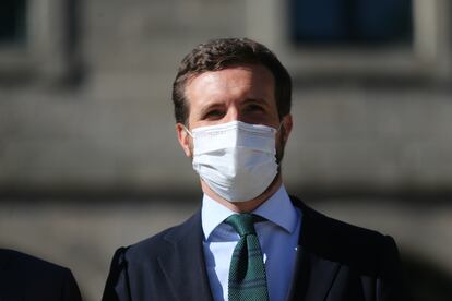 El presidente del PP, Pablo Casado, durante la inauguración de la segunda jornada de los Cursos de Verano de El Escorial, Madrid, el pasado miércoles.