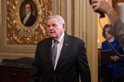 U.S. Senator Bob Menendez exits the chamber at the U.S. Capitol in Washington, on January 31, 2020.