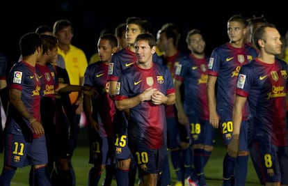 Los jugadores del Barça, durante la presentación de los miembros de la plantilla para la temporada 2012/2013.