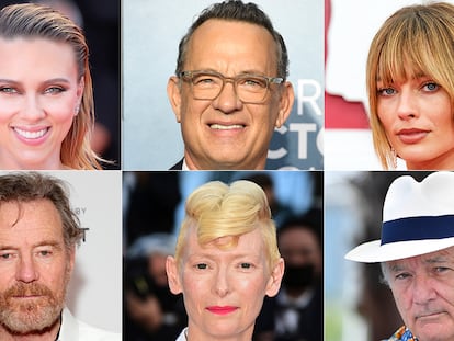 Clockwise from top left: Scarlett Johansson, Tom Hanks, Margot Robbie, Bill Murray, Tilda Swinton and Bryan Cranston, all of whom will appear in Wes Anderson's latest movie.