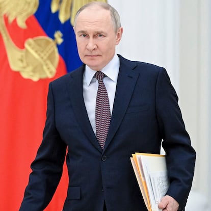 Russian President Vladimir Putin attends a meeting of the board of trustees of Bolshoi and Mariinsky theatres at the Kremlin Senate in Moscow, Russia, Tuesday, May 13, 2025. (Sergei Bobylev, Sputnik, Kremlin Pool Photo via AP)