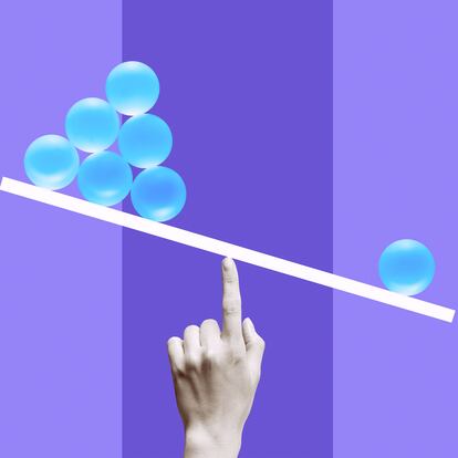 1 blue ball outweighing 6 blue balls on white line, balanced on black and white woman's finger on striped purple background