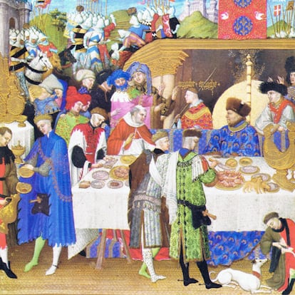 The month of giving New Years' gifts. Jean de Berry himself can be seen  on the right, wearing the brilliant blue robe.  The Limbourg brothers (1385  1416) were famous Dutch miniature painters (Herman, Paul, and Johan) from the city of Nijmegen. They were active in the early 15th century in France and Burgundy, working in the style known as International Gothic. They created what is certainly the best-known late medieval illuminated manuscript, the Très Riches Heures du Duc de Berry. Artist Limbourg brothers, 1413 (Photo by Pierce Archive LLC/Buyenlarge via Getty Images)