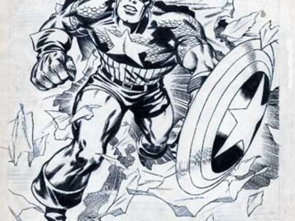 Un dibujo preparatorio para una portada de las aventuras de Capitán América, de Jack Kirby.