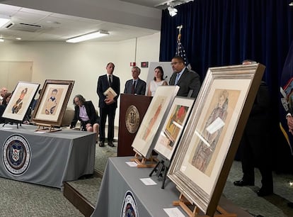 Manhattan prosecutor Alvin Bragg announces the return of Egon Schiele's drawings to their legitimate heirs on September 20 in New York.