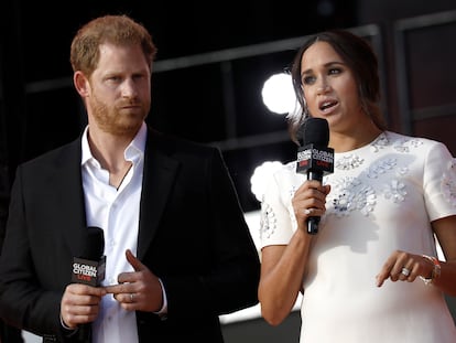 Los duques de Sussex, Enrique de Inglaterra y Meghan Markle, en su discurso en el festival Global Citizen celebrado en Central Park, Nueva York, el 25 de septiembre de 2021.