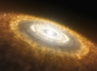 Dibujo de una estrella recién nacida rodeada de un disco protoplanetario en el que ya están formando planetas.