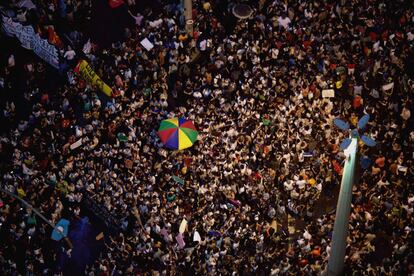 Manifestantes durante o protesto no Rio de Janeiro.