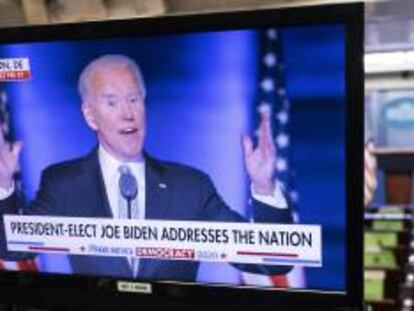 El presidente electo de EE UU, Joe Biden, durante su discurso a la nación en Wilmington.