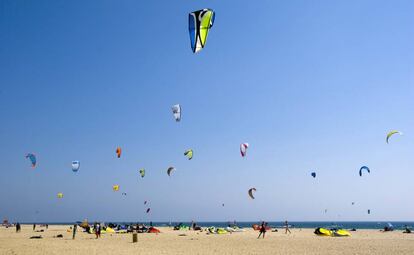 Un grupo de bañistas hacen volar sus cometas en la playa de Tarifa, Cádiz.