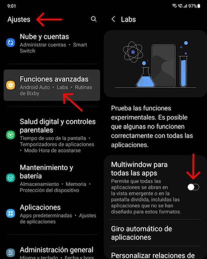 Activa las funciones experimentales en tu móvil Samsung.