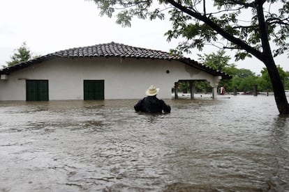 Un hombre camina entre la inundación causada en El Cubulero (Honduras), tras el paso de la tormenta tropical Agatha.