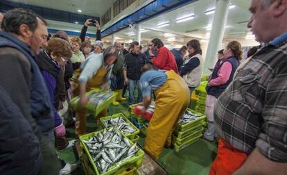 Venta de pescado en la lonja de O Berb&eacute;s, en Vigo.