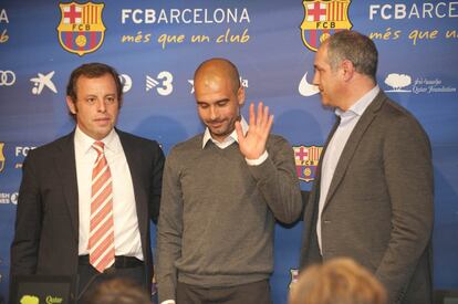 27/04/12. Sandro Rosell, Pep Guardiola y Andoni Zubizarreta, durante la rueda de prensa de despedida del entrenador.