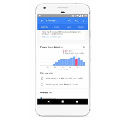 Google Maps nos mostrará así el tiempo para disponer de mesa en un restaurante