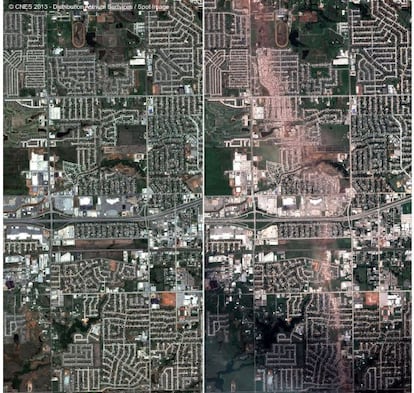 Ciudad de Moore antes y después del tornado.