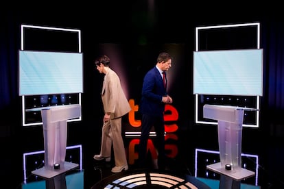 Ana Pontón y José Ramón Besteiro, momentos antes del comienzo del debate de este miércoles en TVE.