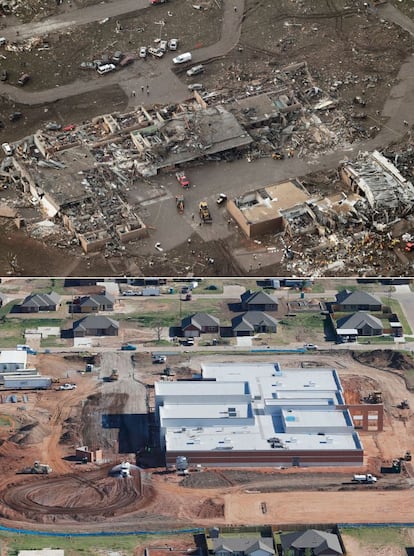 Combinación de fotos aéreas que muestra el edificio de la escuela elemental Tower Plazas, destrozado tras el paso del tornado el 21 mayo del 2013 y en la foto de abajo, los trabajos de reconstrucción continúan en el colegio, 15 de mayo de 2014.