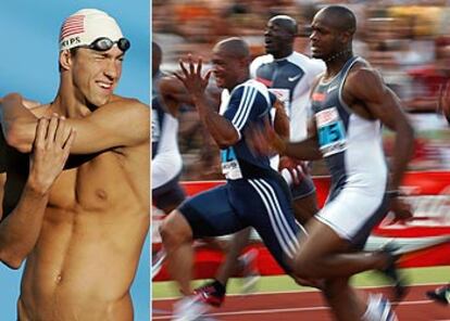 Michael Phelps. A la derecha, Asafa Powell y Maurice Greene, en una prueba reciente en Zúrich.