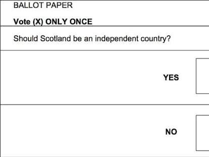 La papeleta de votaci&oacute;n del refer&eacute;ndum por la independencia de Escocia.