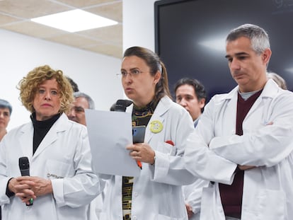 Ángela Hernández, durante una rueda de prensa de los médicos de Atención Primaria, en la sede del sindicato Amyts.