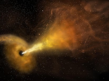 Concepto artístico de un evento de perturbación de marea que ocurre cuando una estrella pasa cerca de un agujero negro supermasivo.