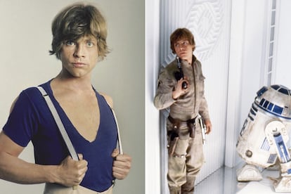 Mark Hamill, con la camiseta de pico que llevaba Luke Skywalker bajo su uniforme en el 'Episodio V' (a la derecha).