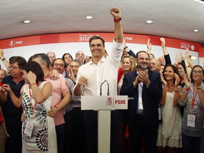 Pedro S&aacute;nchez celebra su victoria en las primarias del PSOE.