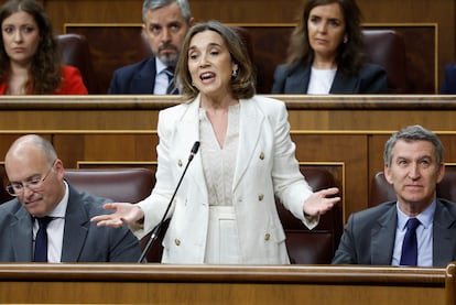 La diputada y secretaria general del PP, Cuca Gamarra, durante su intervención en la sesión de control al Gobierno en el Congreso.