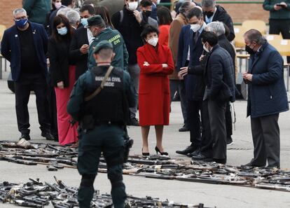 El presidente del Gobierno, Pedro Sánchez, en el acto institucional de destrucción de armas incautadas a bandas terroristas, en el Colegio de Guardias Jóvenes de Valdemoro (Madrid), este jueves.